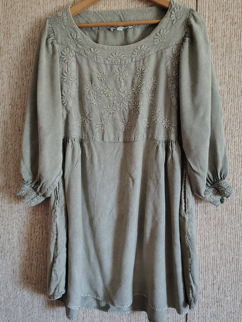 Solitaire Sage Green Long Sleeved Embroidered Mini Dress, Sz L
